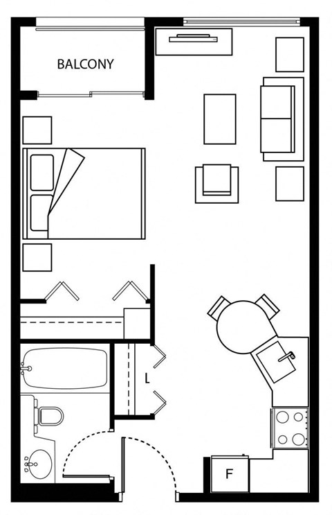 Floor plan for studio, 1 bath, 422 sqft